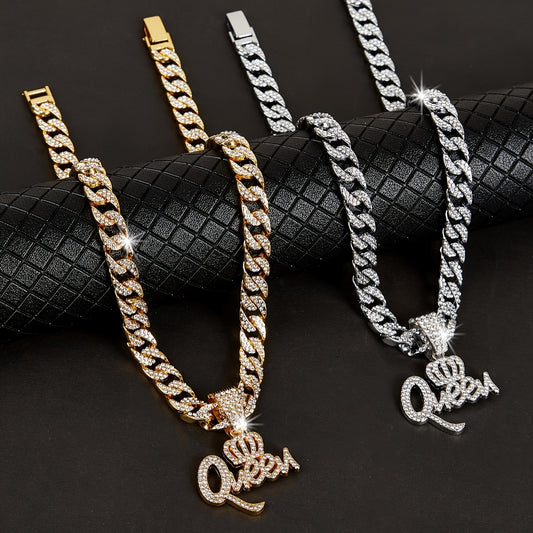 Women's QUEEN Pendant Necklace With Cuban Chain Iced Out Jewelry Punk Hip-hop Neck Decoration Unisex Gift