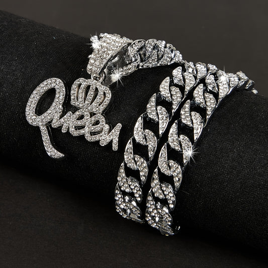 Women's QUEEN Pendant Necklace With Cuban Chain Iced Out Jewelry Punk Hip-hop Neck Decoration Unisex Gift