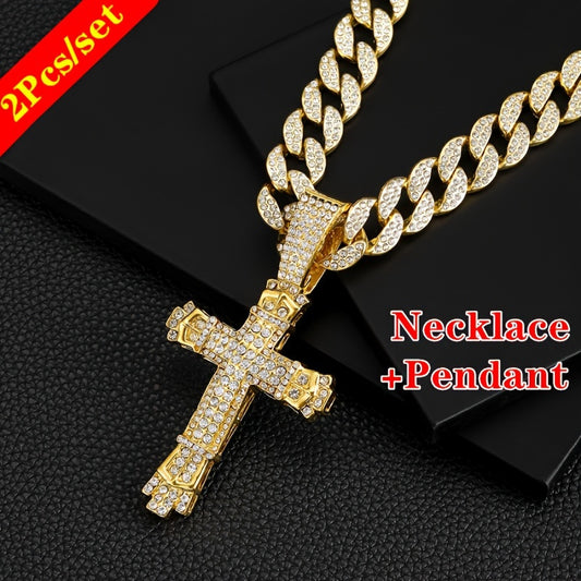 [Dazzling Cuban Chain Necklace] Dazzling Cuban Chain Charming Hip Hop Cross Pendant Necklace - Hollow Water Customization, Fashion Jewelry Gift