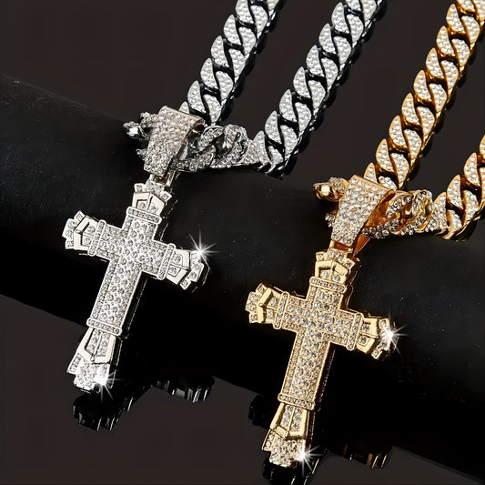 [Dazzling Cuban Chain Necklace] Dazzling Cuban Chain Charming Hip Hop Cross Pendant Necklace - Hollow Water Customization, Fashion Jewelry Gift