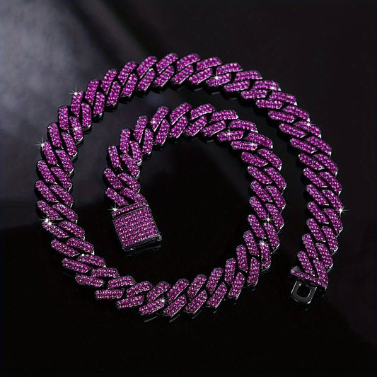 [1pc Iced Out Cuban Chain] 1pc Iced Out Shiny Rhinestone Cuban Chain Necklace/Bracelet, Men's Hip Hop Jewelry